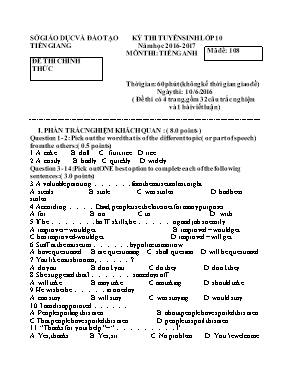 Đề thi tuyển sinh vào Lớp 10 THPT môn Tiếng Anh năm 2016 - Mã đề 108 - Sở GD & ĐT Tiền Giang
